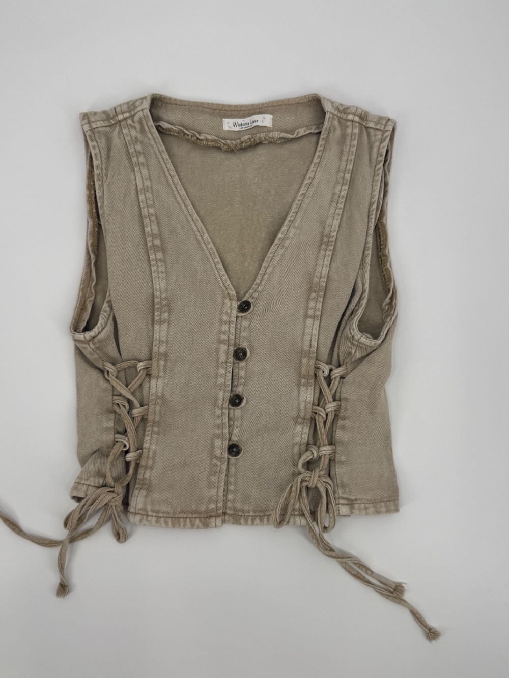 Tan Denim Lace Up Corset Vest 90s Grunge Y2K Cropped Western Boho Festival M - Picture 5 of 11